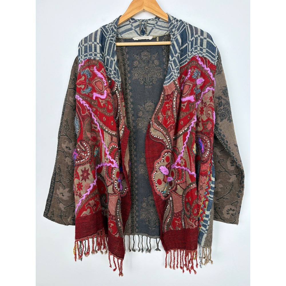 Soft Surroundings Wool Cardigan S Patchwork Artsy Fringe Boho Lagenook Fringe
